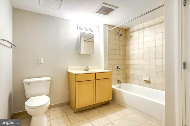 bathroom with shower / bathtub combination, tile patterned flooring, toilet, vanity, and visible vents