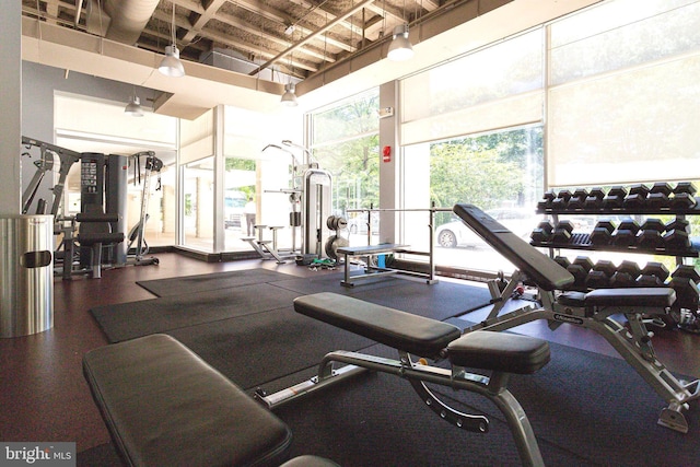 gym with a towering ceiling