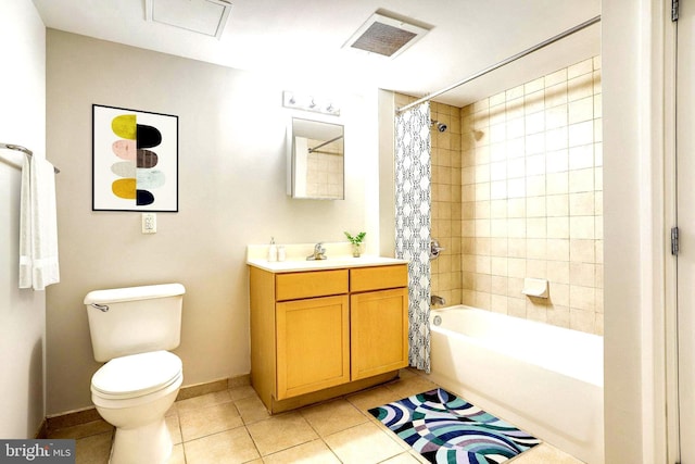 bathroom with visible vents, toilet, tile patterned floors, shower / bathtub combination with curtain, and vanity