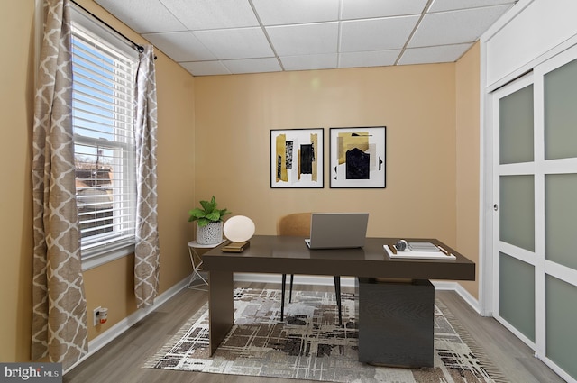 office space with a paneled ceiling, baseboards, and wood finished floors