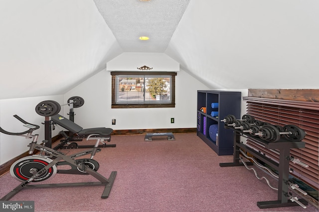 exercise area with lofted ceiling, baseboards, and a textured ceiling