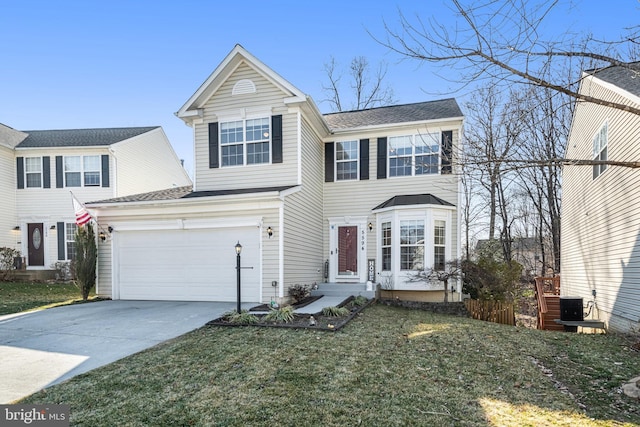 traditional-style house with driveway, an attached garage, fence, a front lawn, and central AC