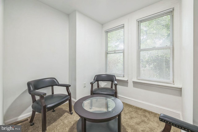 living area with carpet floors, visible vents, and baseboards