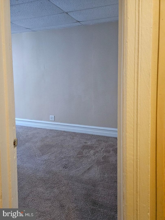 carpeted empty room featuring a drop ceiling and baseboards