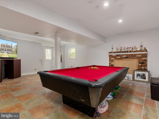 244 Raintree Blvd, Stafford, VA 22556 - rec room featuring visible vents, pool table, recessed lighting, and stone tile floors