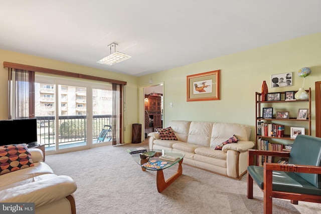 living area featuring carpet floors