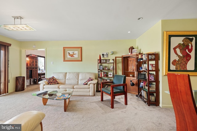 carpeted living room with recessed lighting