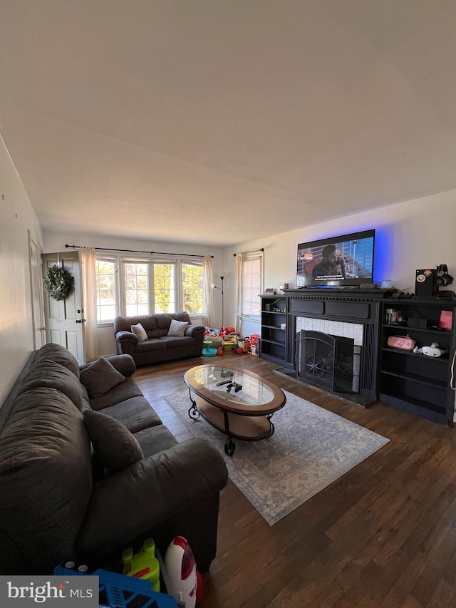 living area featuring a fireplace and wood finished floors