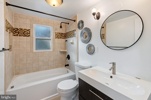 bathroom featuring toilet, shower / tub combination, and vanity