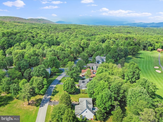 bird's eye view featuring a wooded view and a mountain view