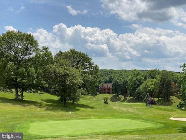 view of community with view of golf course and a yard