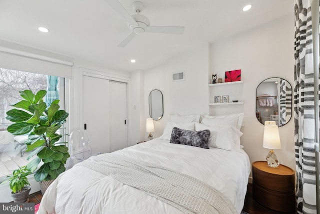 bedroom with a ceiling fan, recessed lighting, a closet, and visible vents