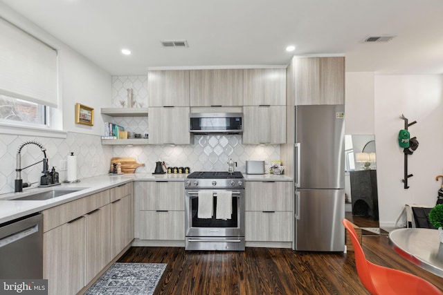 kitchen featuring visible vents, modern cabinets, stainless steel appliances, open shelves, and a sink