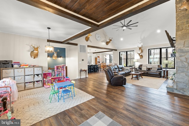 recreation room featuring beam ceiling, visible vents, wood finished floors, high vaulted ceiling, and ceiling fan with notable chandelier