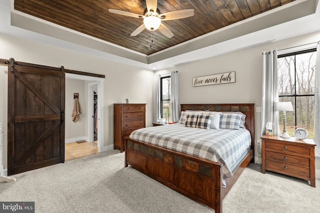 bedroom with a tray ceiling, wood ceiling, multiple windows, and carpet flooring