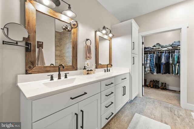 full bath with a walk in closet, wood finished floors, a sink, and double vanity