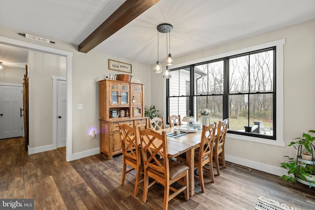 dining room with visible vents, beam ceiling, baseboards, and dark wood-style flooring