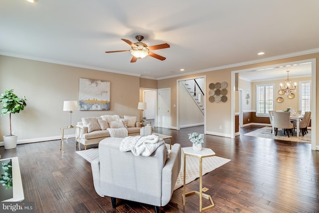 living room with stairs, baseboards, dark wood finished floors, and ornamental molding