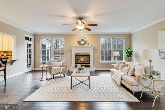 living room featuring crown molding, dark wood finished floors, a wealth of natural light, and a glass covered fireplace