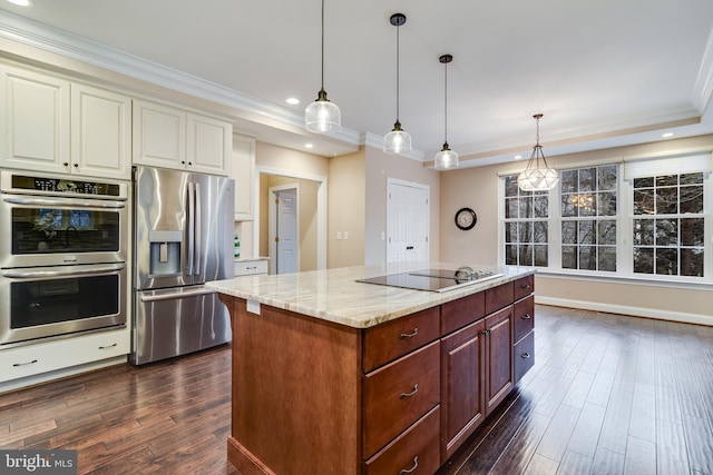 kitchen featuring light stone counters, pendant lighting, dark wood finished floors, stainless steel appliances, and ornamental molding