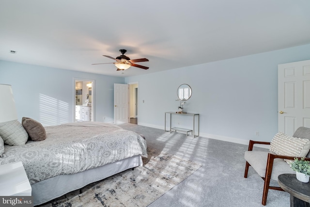 bedroom featuring carpet floors, visible vents, ceiling fan, and baseboards