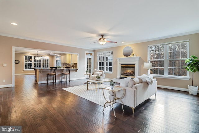 living area featuring crown molding, baseboards, dark wood-type flooring, and a glass covered fireplace