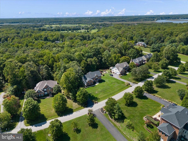 drone / aerial view featuring a water view and a forest view