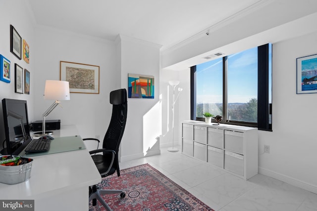 office area with marble finish floor, baseboards, visible vents, and crown molding