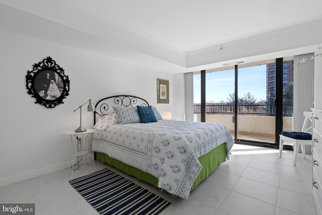 bedroom with access to outside, ornamental molding, visible vents, and baseboards