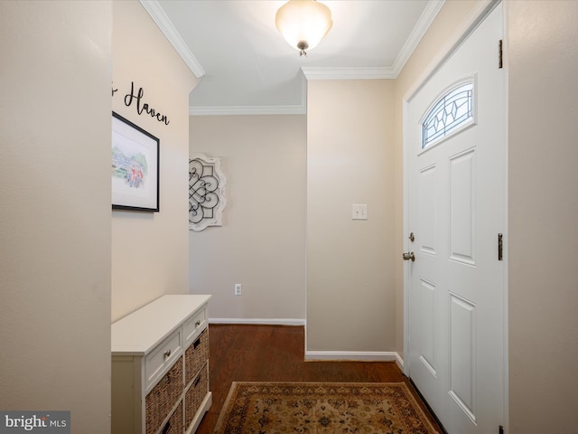 foyer featuring baseboards, dark wood-style floors, and ornamental molding