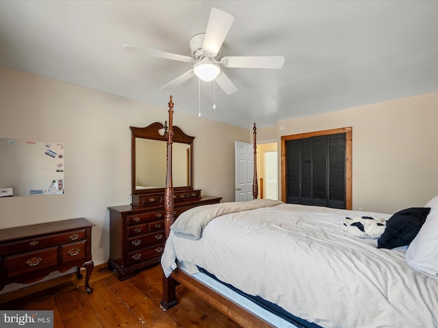 bedroom featuring ceiling fan and wood finished floors