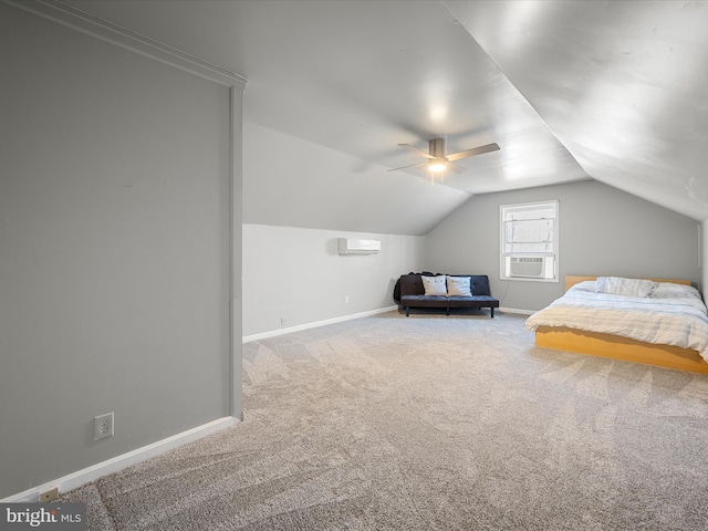 carpeted bedroom with cooling unit, baseboards, ceiling fan, and vaulted ceiling