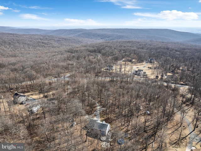 birds eye view of property featuring a forest view and a mountain view