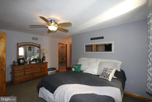 carpeted bedroom featuring baseboards, visible vents, and a ceiling fan