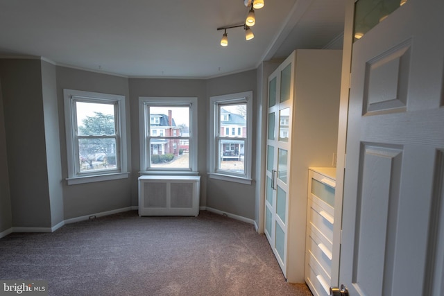 unfurnished room featuring carpet floors, crown molding, radiator, rail lighting, and baseboards