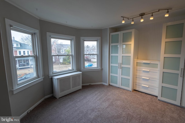 carpeted spare room with radiator, a healthy amount of sunlight, baseboards, and crown molding