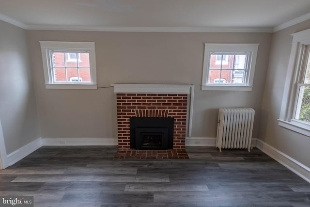 unfurnished living room with radiator heating unit, a fireplace, a wealth of natural light, and crown molding