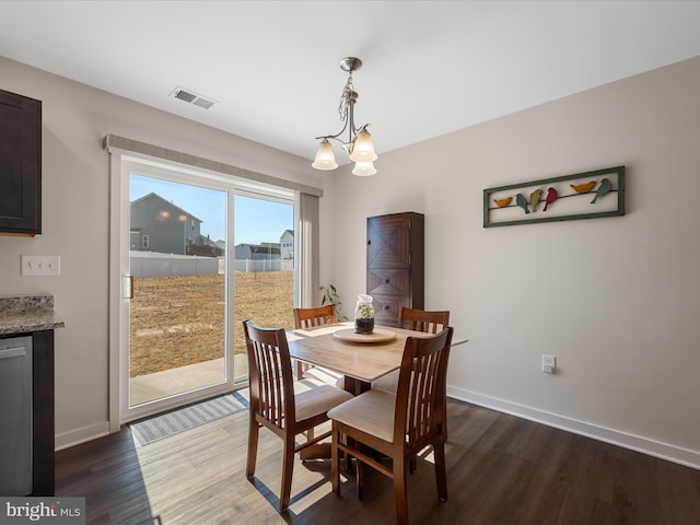 dining room with a notable chandelier, dark wood-style flooring, visible vents, and baseboards