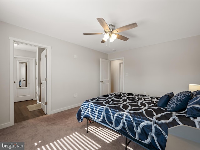 bedroom featuring carpet floors, ceiling fan, and baseboards