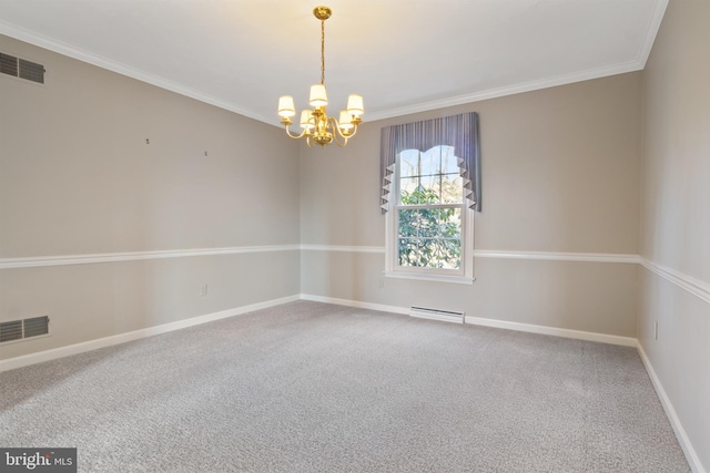 spare room featuring visible vents, an inviting chandelier, ornamental molding, carpet flooring, and baseboards