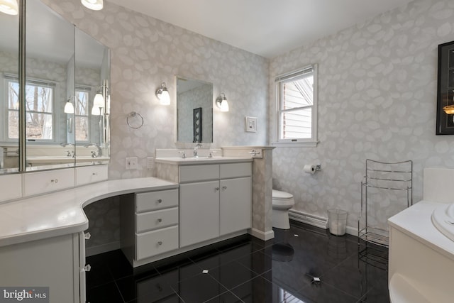 bathroom featuring toilet, wallpapered walls, tile patterned flooring, and baseboards