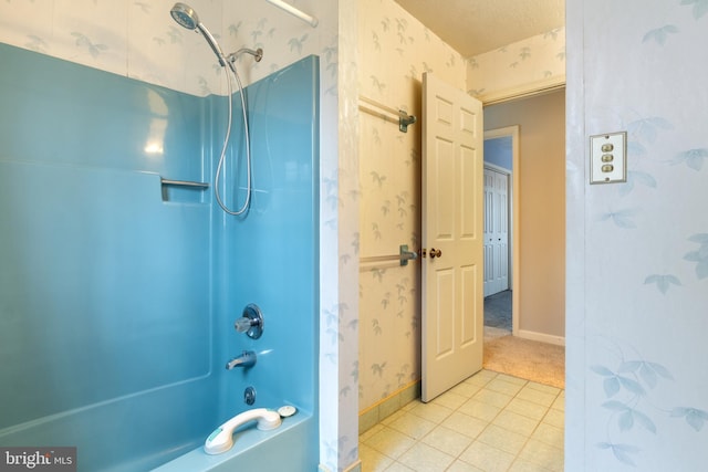 full bath with wallpapered walls, bathtub / shower combination, baseboards, and tile patterned floors