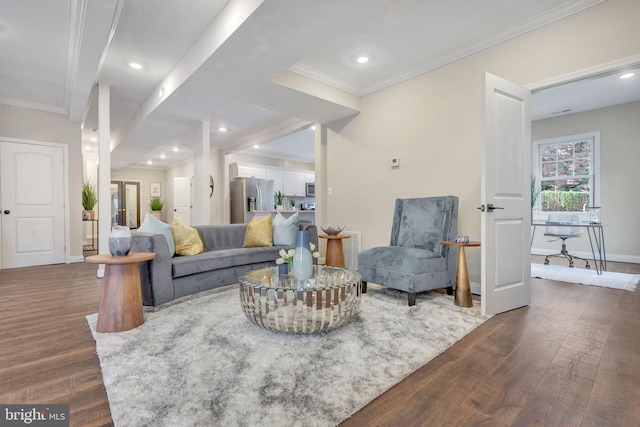 living area featuring baseboards, dark wood-style flooring, recessed lighting, and crown molding