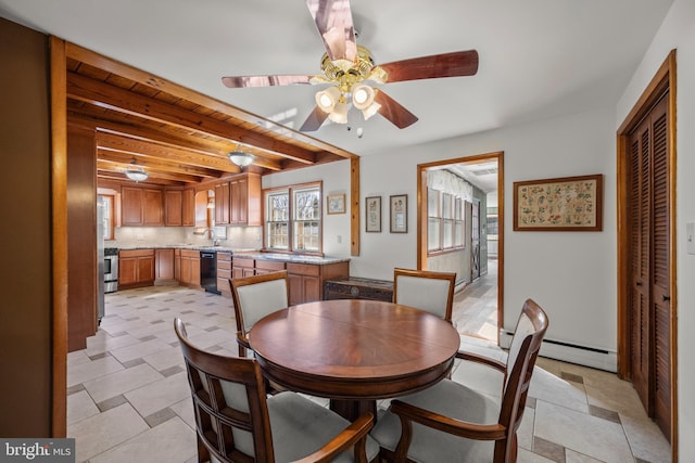 dining space with baseboard heating, beamed ceiling, and a ceiling fan