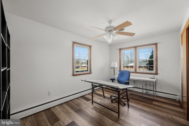 home office with a wealth of natural light, a baseboard radiator, baseboard heating, and wood finished floors