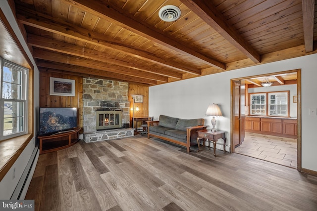 unfurnished living room with baseboard heating, wooden ceiling, visible vents, and wood finished floors