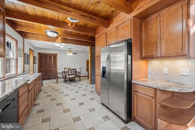 kitchen featuring black dishwasher, decorative backsplash, brown cabinets, stainless steel refrigerator with ice dispenser, and open shelves