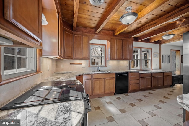 kitchen featuring backsplash, black dishwasher, beam ceiling, wooden ceiling, and a sink