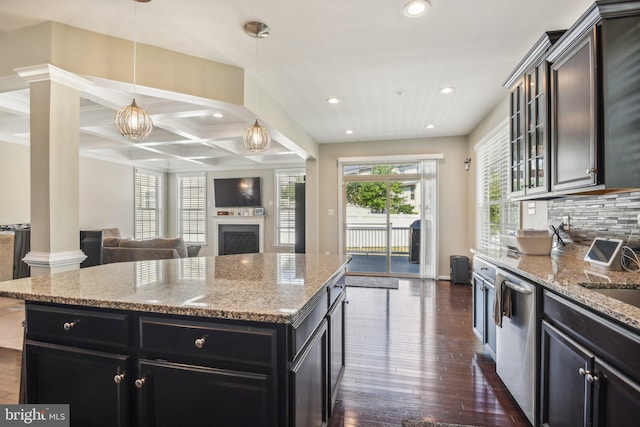 kitchen featuring coffered ceiling, dark wood-style floors, decorative backsplash, dishwasher, and decorative columns