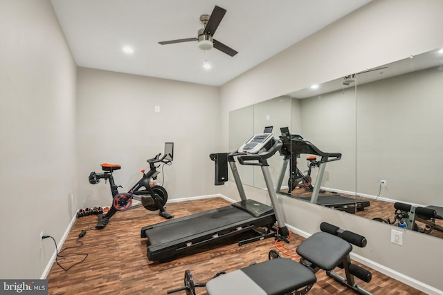 exercise area with a ceiling fan, recessed lighting, baseboards, and wood finished floors